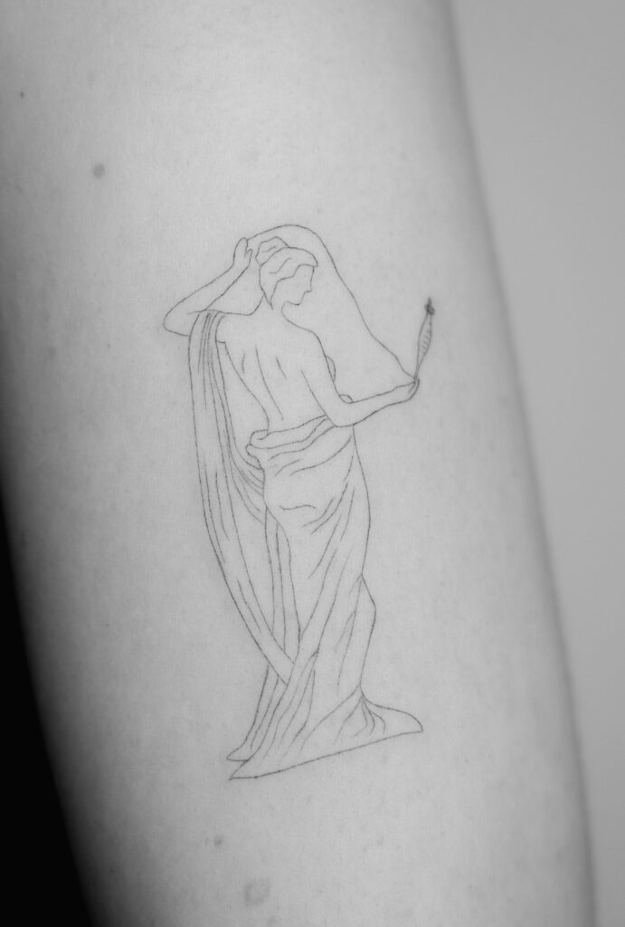 black and white Close up to an arm with a Ariadne in minimal drawing style